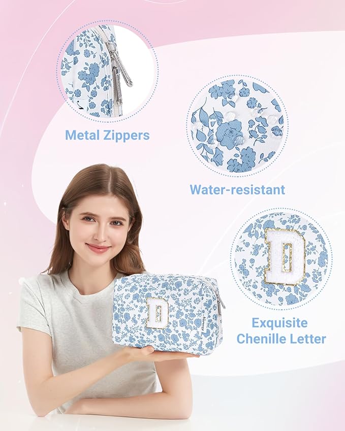 Narwey Birthday Gifts for Teen Girls Kids Women Personalized Initial Floral Makeup Bag Cute Cosmetic Trendy Stuff 6 8 10 11 12 13 14 16 18 Years Old Travel Toiletry Bag (Little Blue Flower D)
