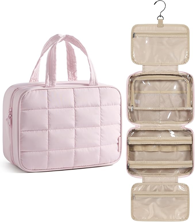 BAGSMART Travel Toiletry Bag for Women, Hanging Travel Bag for Toiletries, Puffy Makeup Cosmetic Bag Organizer, Carry-on Travel Accessories Essentials, Pink