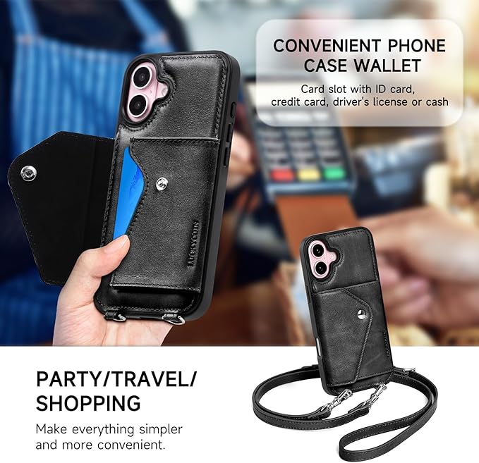 LUCKYCOIN Crossbody Wallet Phone Case for iPhone 16 Plus,100% Genuine Leather Wallet Phone Case with Expandable Flip Card Holder,Phone Purse for Women with Adjustable Removable Strap - Black