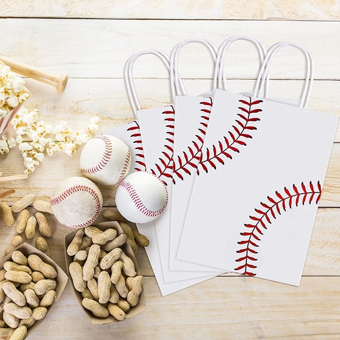 durony 16 Pieces Baseball Party Favor Bags with Handles Tissue Paper Gift Bags Goodie Candy Treat Bag for Birthday, Baseball Themed Party Supplies (8.6 x 6.2 x 3.1 Inches)
