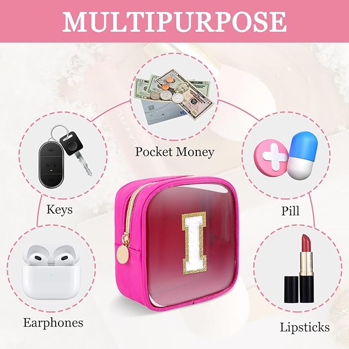 Mini Clear Personalized Initial Makeup Bag,Nylon Preppy A-Z Chenille Letter Patch Zipper Cosmetic Bag, Small Cute Beach Pouch Travel Purse Sanitary Napkin Storage Bag for Women Girls(Hot Pink-White I)