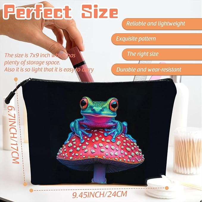 Cosmetic Bags Travel Makeup Toilet Case Waterproof Pouch for Women Girls 6.7X9.45inches - Colorful Frog on A Red Mushroom