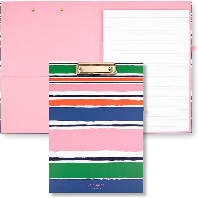 kate spade new york A4 Clipboard Folio with Low Profile Clip, Professional Padfolio Includes Lined Notepad, Pen Loop, and Pocket, Ocean Stripe