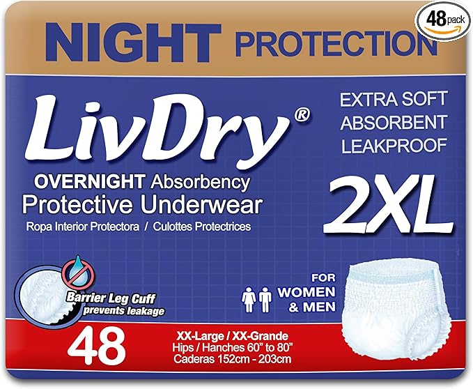 LivDry XXL Overnight Adult Diapers for Women and Men, Incontinence Underwear, XX-Large, 48-Pack