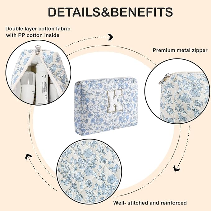 Alphabet Makeup Bag Cosmetic Bag for Women, Christmas Gifts for Age 11-18, Personalized Floral Coquette Travel Bag, Trendy Stuff Zipper Make Up Pouch Organizer Bag (Blue Floral K)