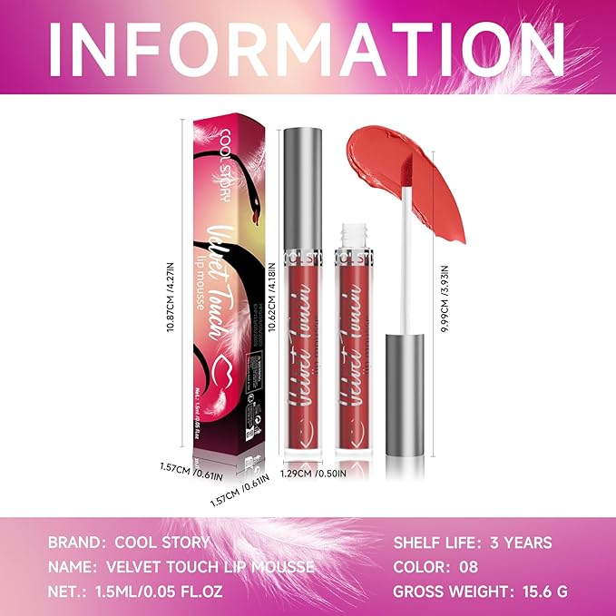 COOL STORY Velvet Lip Stain Mousse, Lip Tint Long-Lasting Waterproof Matte Finish (08)