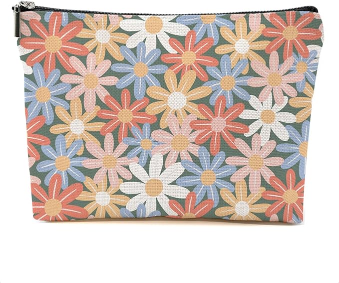 Vintage Daisy Flowers Makeup Bag Floral Cosmetic Bag Friend Friendship Gifts for Women Girls Sister Coworker Daughter Botanical Travel Organizer Zipper Pouch Christmas Thanksgiving Birthday Gifts