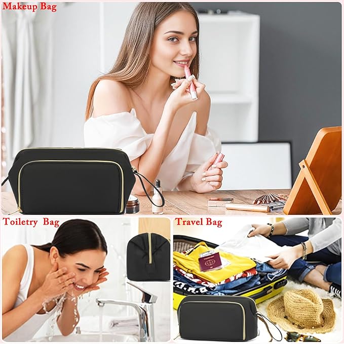 Travel Makeup Bag, Wide-open Cosmetic Bag Make Up Organizer Case with Brushes Pocket for Women, Large Family Toiletry Bag Skincare Pouch for Toiletries Accessories