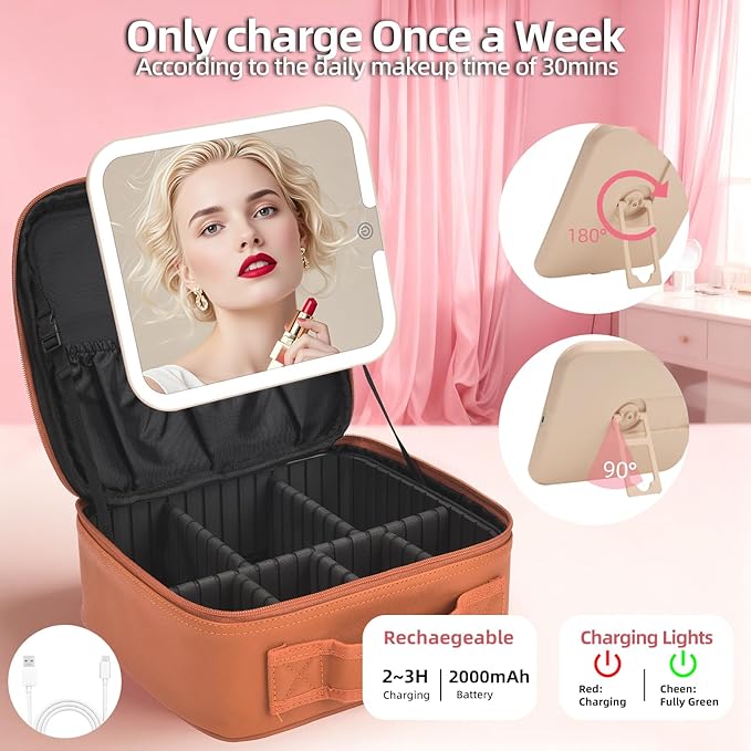 Travel Makeup Bag with LED Mirror,Removable Mirror with 3 Color Modes,Portable makeup travel organizer for Women,Makeup Case with 8 Adjustable EVA Dividers,Cosmetic Train Case with Lighted Mirror