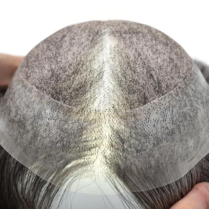 FACE MIRACLE Toupee for Men French Lace Hairpiece Human Hair Replacement System Skin PU Mens Toupee V-Looped Front Hair Piece 6X9#1B60 Off Black with 60% Gray-80% Light Density