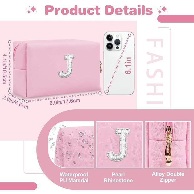 ChaoGreat Bride Gifts – Personalized Initial Makeup Bag with Pearl Rhinestone Patch, Preppy Pink Monogram Cosmetic/Toiletry Pouch, bridesmaid Gifts, Bridal Shower Gifts, Wedding Gifts, Bridal Gifts,J