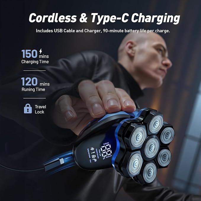 Head Shavers for Bald Men - 7D Detachable Electric Razor, IPX6 Waterproof Wet Dry Rotary Shavers, LED Display Rechargeable Head Shaving with Fast Charging, Blue