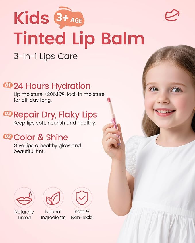RUNBEN Kids Tinted Lip Balm, Strawberry-Scented Lipstick, 24H Moisturizing, Safe & Non-toxic Lip Gloss for Kids & Teen, Christmas Makeup Gift for Girls, 2g