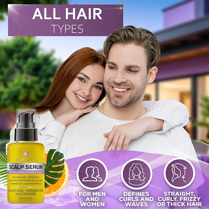 BELLISSO Scalp Serum - Dry and Itchy Dandruff Moisturizer Treatment for Women and Men - Advanced Care and Anti Itch Relief Tonic - 2 Fl Oz