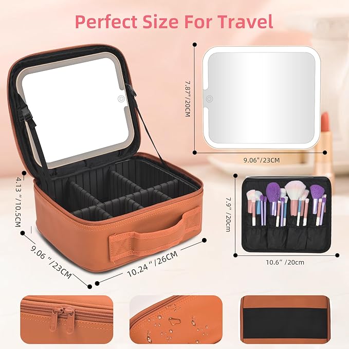 Travel Makeup Bag with LED Mirror,Removable Mirror with 3 Color Modes,Portable makeup travel organizer for Women,Makeup Case with 8 Adjustable EVA Dividers,Cosmetic Train Case with Lighted Mirror