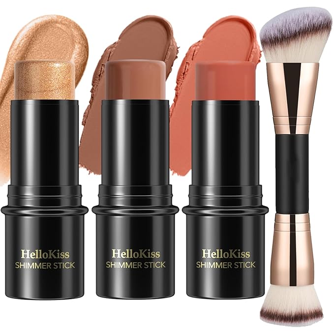 3 Pcs Cream Contour Stick Makeup Kit, Shades with Highlighter, Blush and Bronzer Contour Stick for Sculpt the Cheeks, Waterproof, Matte & Dewy Finish (Medium-Deep,#05+#06+#15)