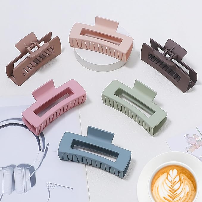 4 Inch Big Hair Claw Clips 6 Pcs Large Claw for Thick Hair Square Hair Clips for Women Rectangle Hair Clips Nonslip Acrylic Banana Jaw Clips Hair Accessories for Girls (Brown Colorful)