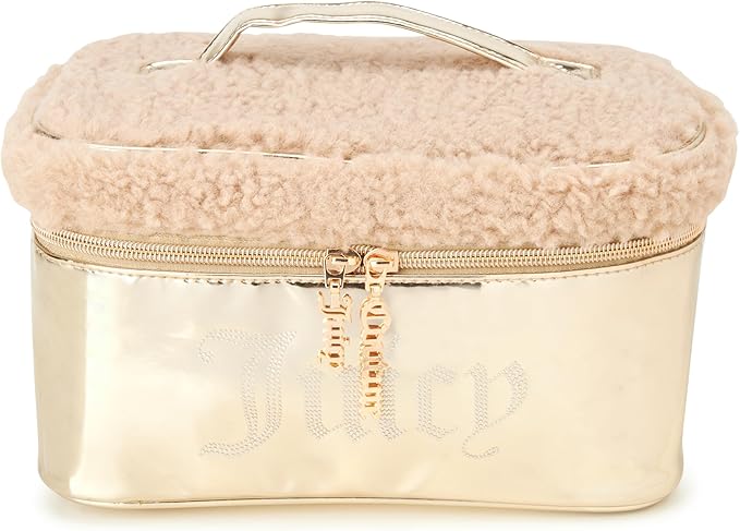 Juicy Couture Gold Makeup Bag Cosmetics Organizer Travel Essentials Train Case Shiny Rhinestones Faux Shearling