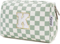 Narwey Birthday Gifts for Teen Girls Women Personalized Initial Checkered Makeup Bag Preppy Cosmetic Bag Trendy Stuff 6 8 10 11 12 13 14 16 18 Years Old Travel Toiletry Bag (Green Letter K)