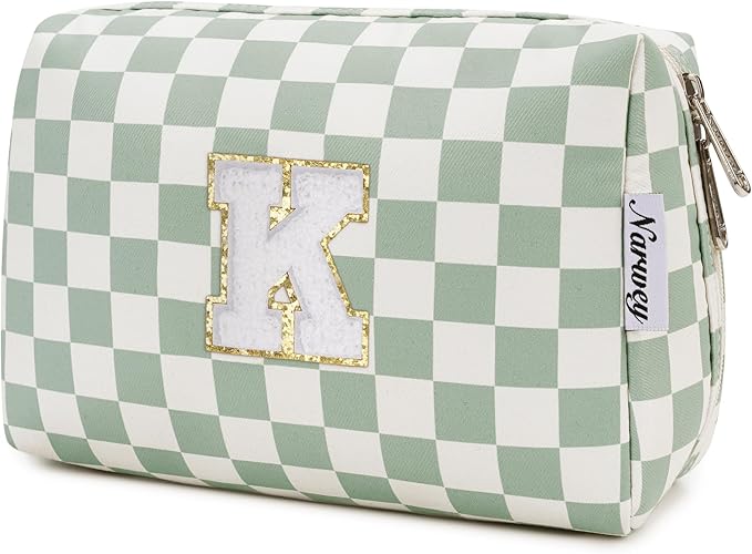 Narwey Birthday Gifts for Teen Girls Women Personalized Initial Checkered Makeup Bag Preppy Cosmetic Bag Trendy Stuff 6 8 10 11 12 13 14 16 18 Years Old Travel Toiletry Bag (Green Letter K)