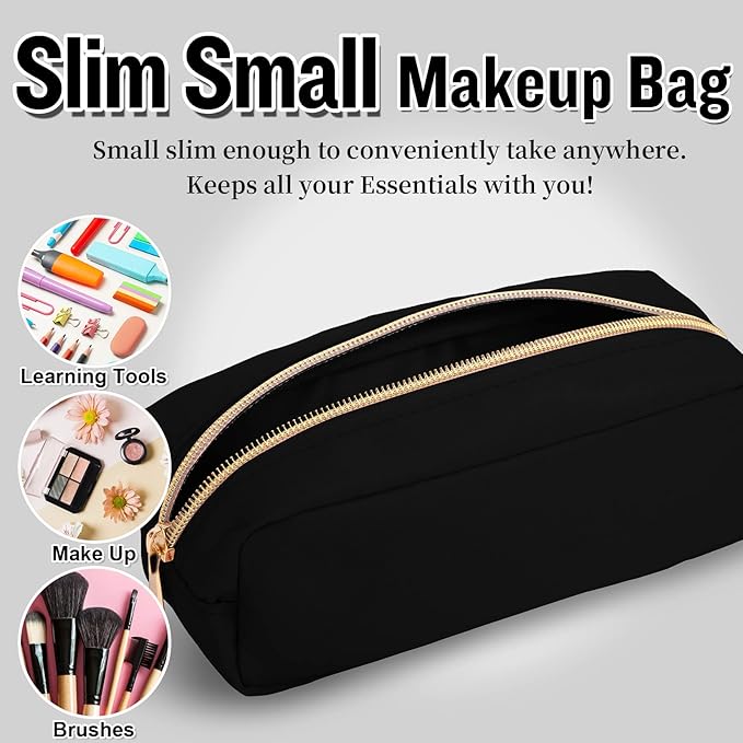 izuzta Nylon Small Makeup Bag Slim Pouch, Preppy Cute Brush Black Cosmetic Zipper Pouch for Purse, Waterproof Travel Toiletry Coin Organizer Women Girls(Black)