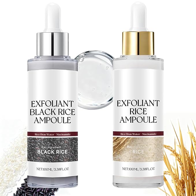 Glow Rice Ampoule Duo - 2PCS White & Black Rice Exfoliant,Rice Exfoliator for Face & Body,Gentle Peel to Remove Dead Skin & Blackheads,Rejuvenating Hydration Rice Ampoule Exfoliant for All Skin Types