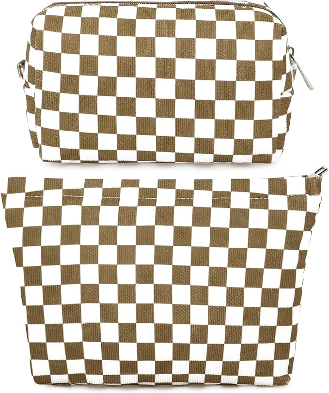 SOIDRAM 2 Pcs Checkered Makeup Bag Large Cosmetic Bag Toiletry Bag Makeup Pouch Travel Bag Organizer Cute Makeup Brushes Aesthetic Accessories Storage Bag for Women Coffee Brown