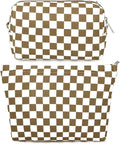 SOIDRAM 2 Pcs Checkered Makeup Bag Large Cosmetic Bag Toiletry Bag Makeup Pouch Travel Bag Organizer Cute Makeup Brushes Aesthetic Accessories Storage Bag for Women Coffee Brown