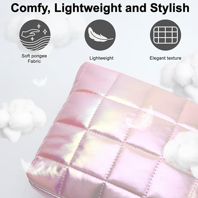 DOB SECHS Quilted Checkered Makeup Bag with Strap, Cute Puffer Cosmetic Bags for Women, Cotton Puffy Toiletry Zipper Pouch, Travel Essentials Storage Organizer Clutch Pencil Case, Iridescent Pink