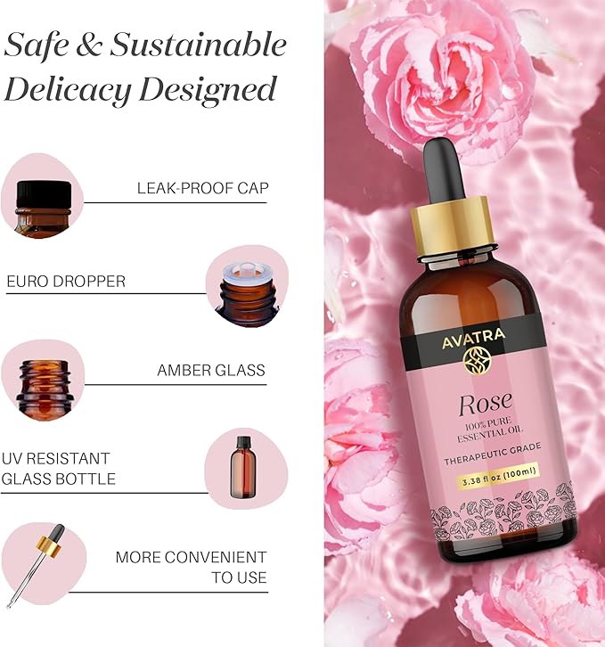 Avatra Rose Essential Oil 100ML (3.38 OZ) with Glass Dropper and Travel Bottle, Pure and Natural Therapeutic Grade Lavender Oil for Diffuser, Aromatherapy, Massage, and DIY Candle Products