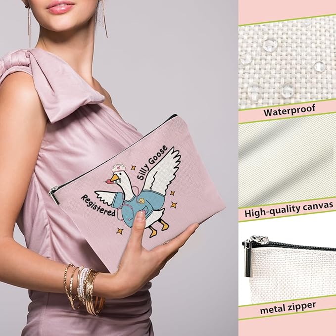 Nurse Practitioner Gifts Makeup Bag, Nurse Accessories Funny Goose Cosmetic Bag, Travel Organizer Zipper Pouch Thank You Nurses Week Gifts for Women Registered Nurses Physician Assistant, Pink