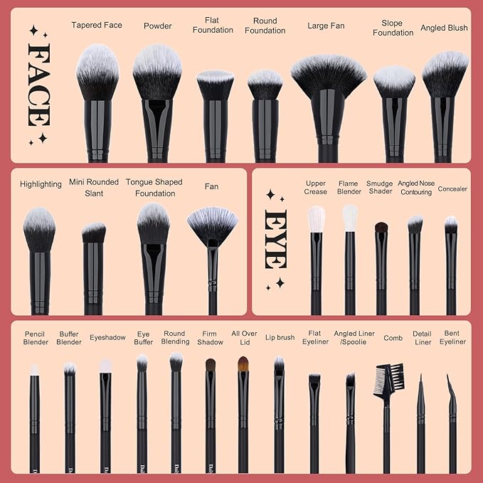 29pcs Black Professional Makeup Brush Set Kabuki Powder Concealers Eye shadows Blush Eyeliner Eyebrow Contour Eye blending Brushes (29pcs brush)
