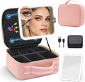 Travel Makeup Bag with Magnetic Removable Lighted Mirror, Cosmetic Bag Organizer with Mirror 360° Angle, Tri-Color LED Lighted Makeup Case, Portable Makeup Travel Train Case with Adjustable Dividers