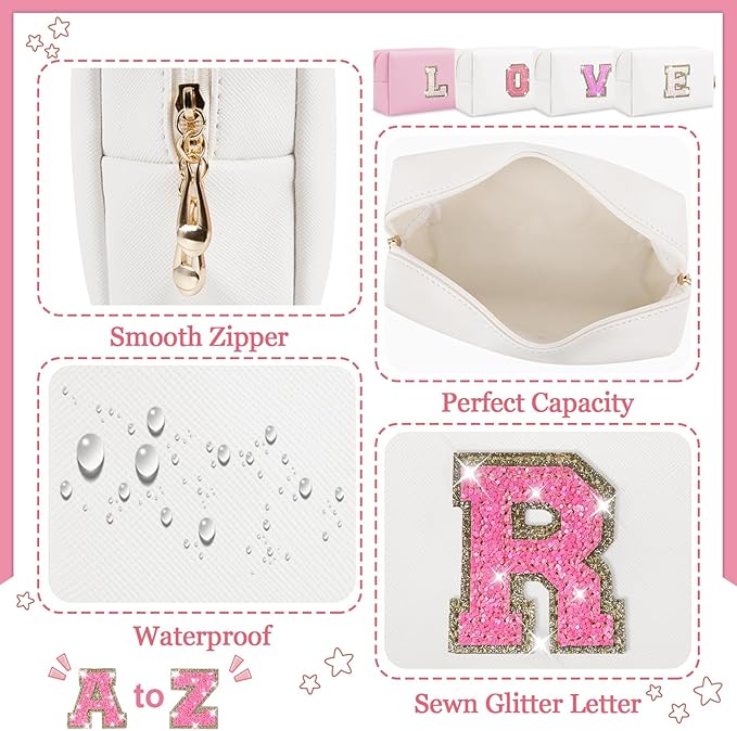 Personalized Initial Letter Makeup Bag, Small Glitter Letter Patch Cosmetic Pouch Zipper, Preppy Makeup Organizer PU Waterproof Travel Toiletry Bag, Monogrammed Birthday Gift for Women Girls