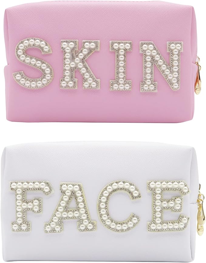 2PCS Preppy makeup bag Pearl letter Cosmetic Double Zipper Waterproof Ladies Storage Purse Care Shower Products Handbag Wash Organizer Leather Portable Girls Travel Accessories