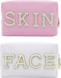 2PCS Preppy makeup bag Pearl letter Cosmetic Double Zipper Waterproof Ladies Storage Purse Care Shower Products Handbag Wash Organizer Leather Portable Girls Travel Accessories