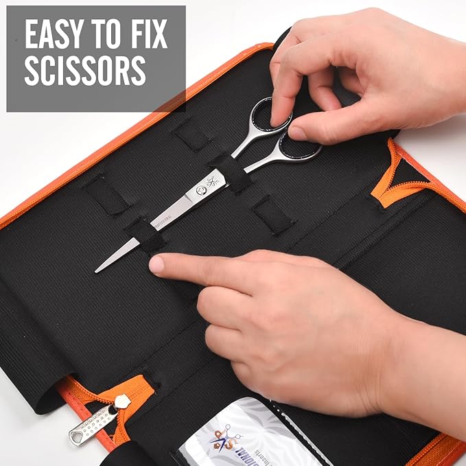 Leather 5 Scissor & Shear Storage Case for Hairstylist - Hairdresser -Scissor Holder Perfect for home-saloon use (Orange)