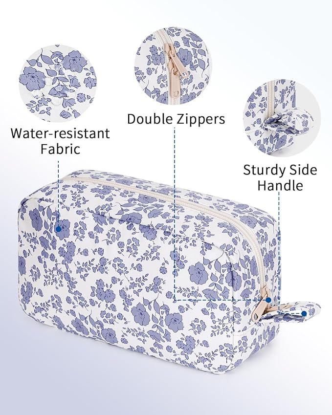 Narwey Cute Makeup Bag Small Toiletry Bag Travel Cosmetic Bag Organizer Make Up Bags with Organized Pockets for Women (Little Grayish Blue Flower, Large)