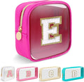 Mini Clear Personalized Initial Makeup Bag,Nylon Preppy A-Z Chenille Letter Patch Zipper Cosmetic Bag, Small Cute Beach Pouch Travel Purse Sanitary Napkin Storage Bag for Women Girls(Hot Pink-White E)