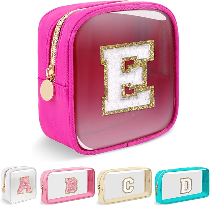Mini Clear Personalized Initial Makeup Bag,Nylon Preppy A-Z Chenille Letter Patch Zipper Cosmetic Bag, Small Cute Beach Pouch Travel Purse Sanitary Napkin Storage Bag for Women Girls(Hot Pink-White E)