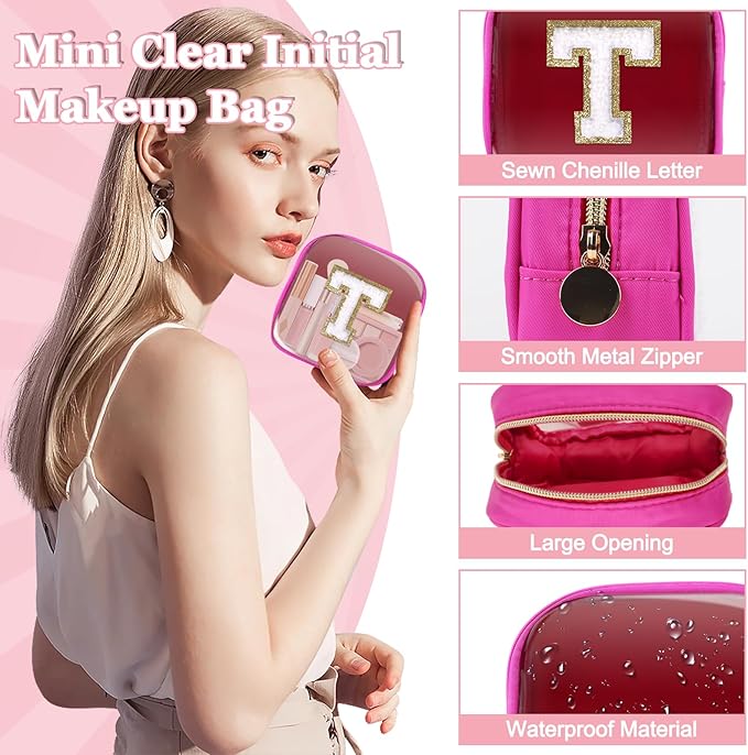 Mini Clear Personalized Initial Makeup Bag,Small Nylon Waterproof Zip Beach Cosmetic Pouch,Preppy A-Z Chenille Letter Patch Cute Coin Purse Travel Toiletry Bag Car Pack Bag for Women(Hot Pink-White T)