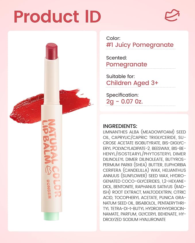 RUNBEN Kids Tinted Lip Balm, Pomegranate -Scented Lipstick, 24H Moisturizing, Safe & Non-toxic Lip Gloss for Kids & Teen, Christmas Makeup Gift for Girls, 2g