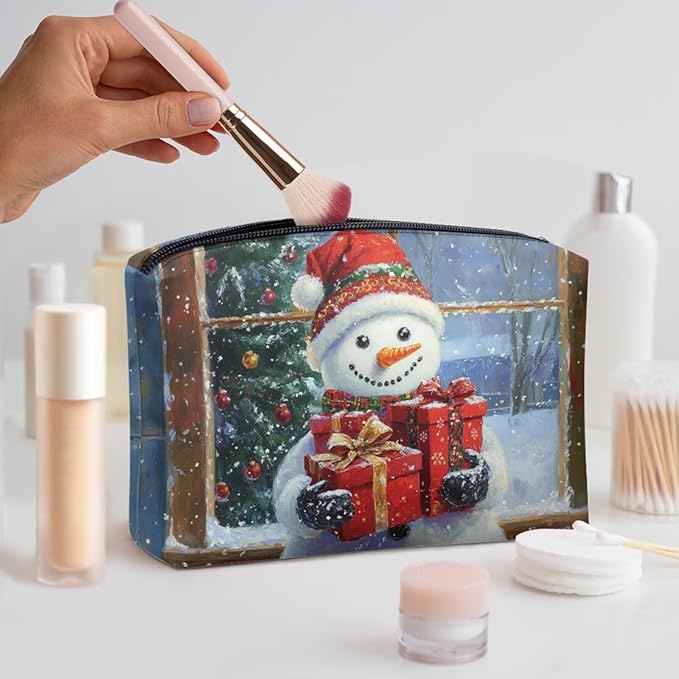 COEQINE Small Makeup Bag for Purse Mini Snowman Purses for Women Leather Cosmetic Travel Bags with Zipper Large Capacity Waterproof Portable Pouch Toiletry Make up Holiday Handbags