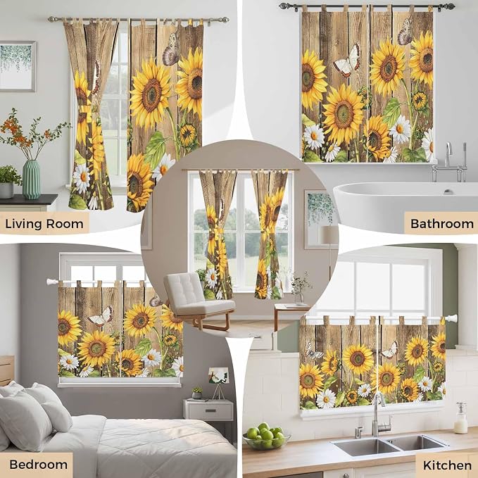 Farmhouse Sunflowers Kitchen Curtains 36 Inch Length, Small Window Curtains Tab - Image 7