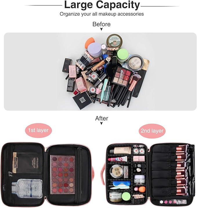 Relavel Makeup Bag Travel Makeup Train Case 13.8 inches Large Cosmetic Case Professional Portable Makeup Brush Holder Organizer and Storage with Adjustable Dividers and Shoulder Strap (Pink)