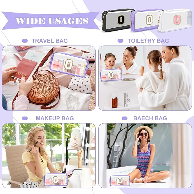 Personalized Initial Letter Clear Makeup Bag,Preppy Small Nylon&PVC Cosmetic Zipper Bag with Chenille Letter,Travel Skincare Toiletry Bag,Monogram Christmas Gift for Teen Girls Women,O