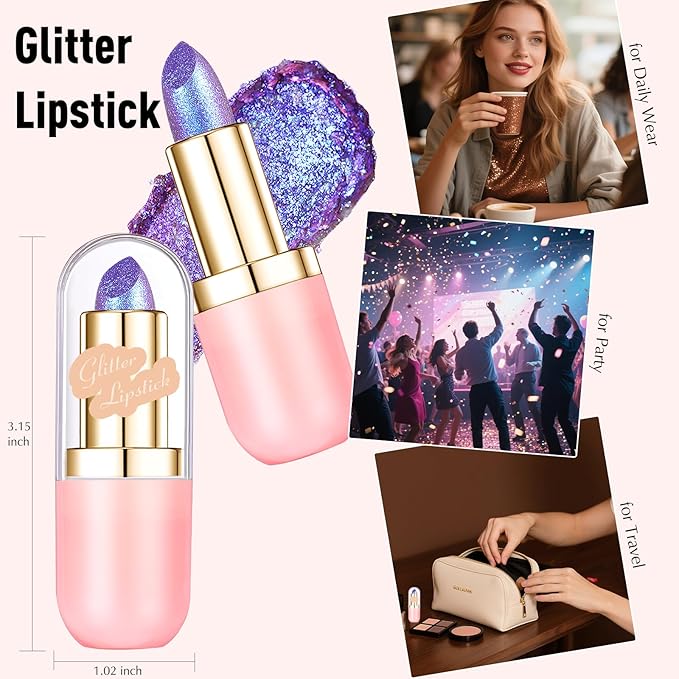 Gold Holographic Glitter Lipstick Makeup, Metallic Lip Stick Long Lasting Lightweight Non-Sticky Hydrating Lip Tinted Full Coverage High-Shine Shimmer Chameleon Lipstick for Women