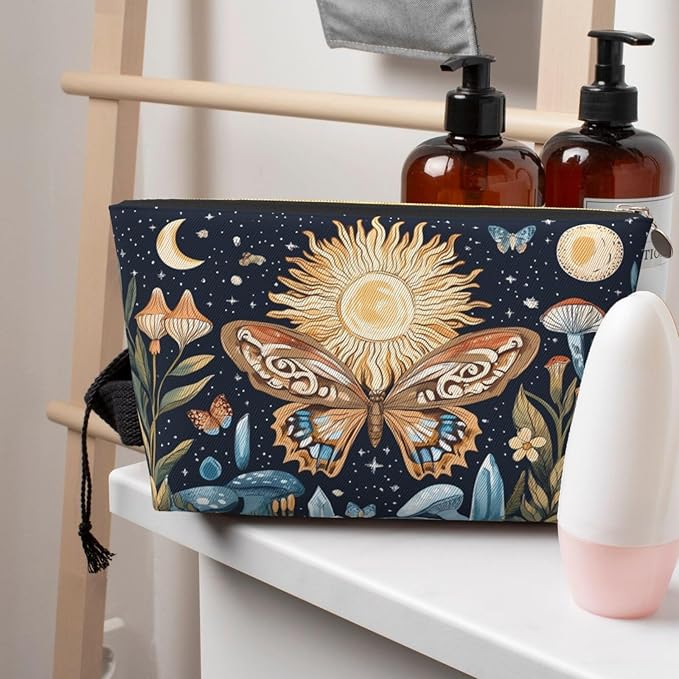 Womens Leather Makeup Bag Cosmetic Bag Travel Toiletry Bags Make Up Bags for Women Adult (Boho Sun-Moon)