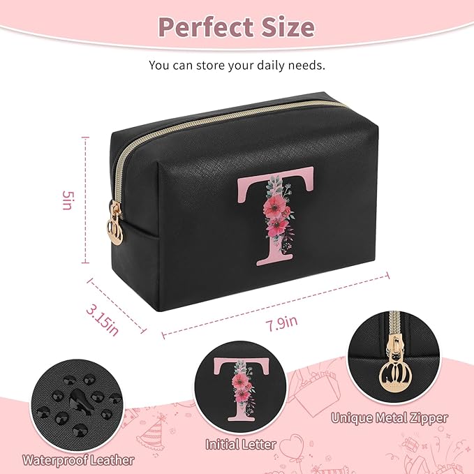 Personalized Initial Makeup Bag, Birthday Gifts for Women and Girls, Small Makeup Pouch Travel Toiletry Bag, Make Up Organizer Bag Gift Trendy Stuff for Friend Mom Teacher, Black