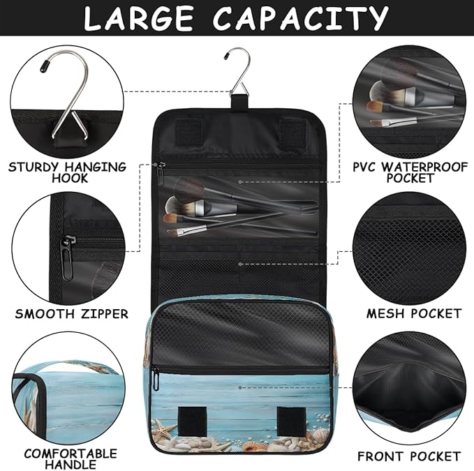 Travel Toiletry Bag for Women & Men Ocean Blue Starfish Hanging Cosmetic Organizer Portable Waterproof Makeup Case Make Up Bag with Compartments Travel Essentials for Bathroom Shower